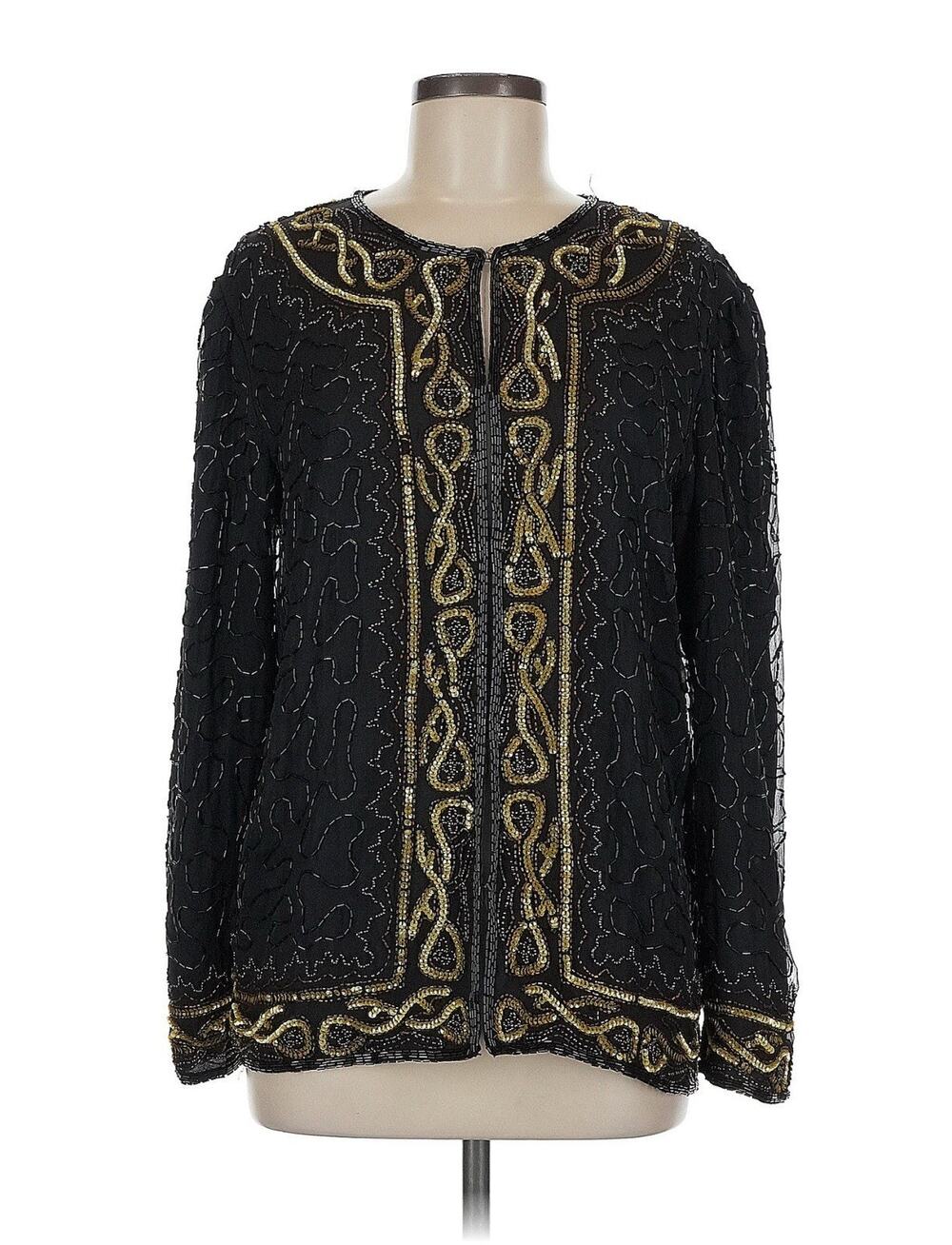 NWT VTG JMD Black Gold Silk Beaded Jacket Kazar Sparkle Sequin M